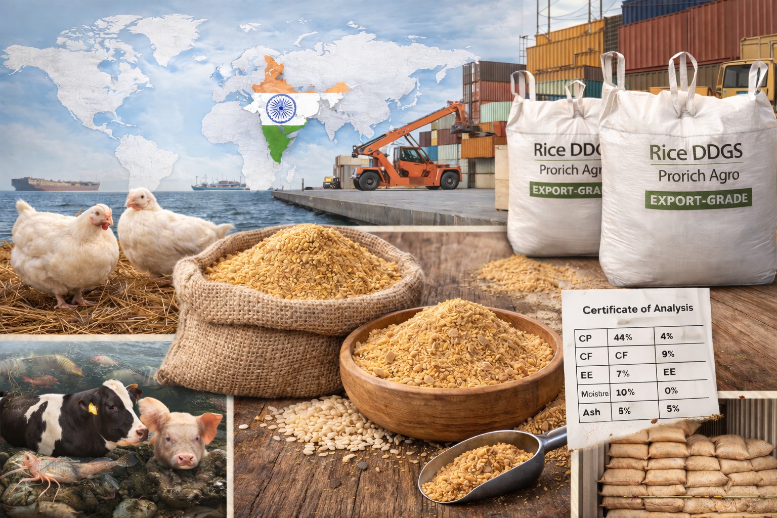 Rice DDGS Exporter from India: Bulk Supply, Specifications & International Shipping